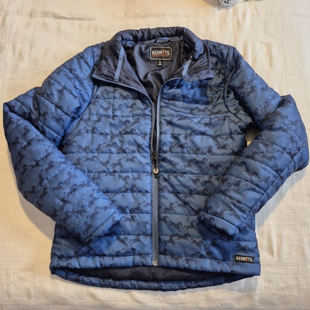 Kerrits boys or girls size XL 2 tone blue horse print fabric, 2 zip pockets GUC